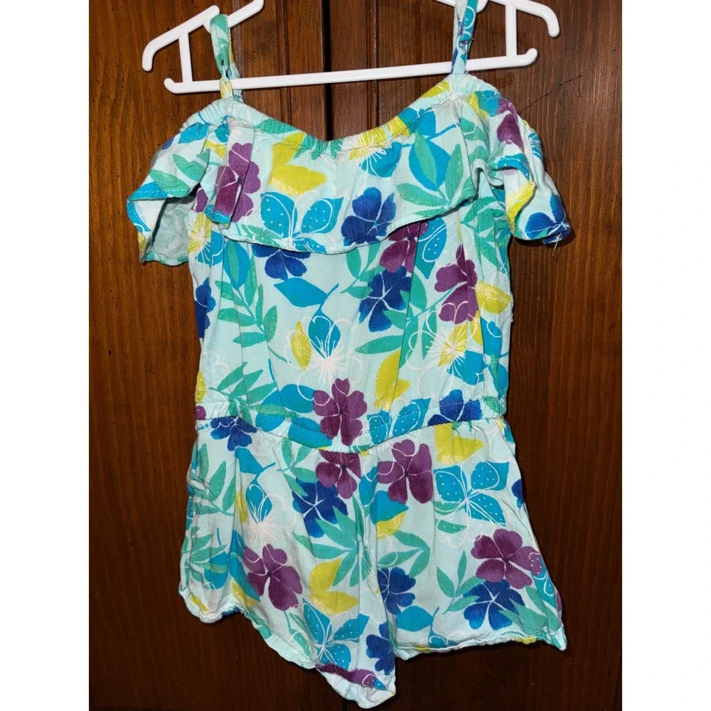Gymboree Girls 3T Tropical Floral Cold Shoulder Romper Blue Purple Rayon Summer